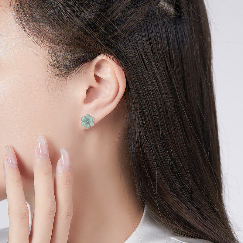 Hand-Carved Natural Jade Flower Earrings for Women