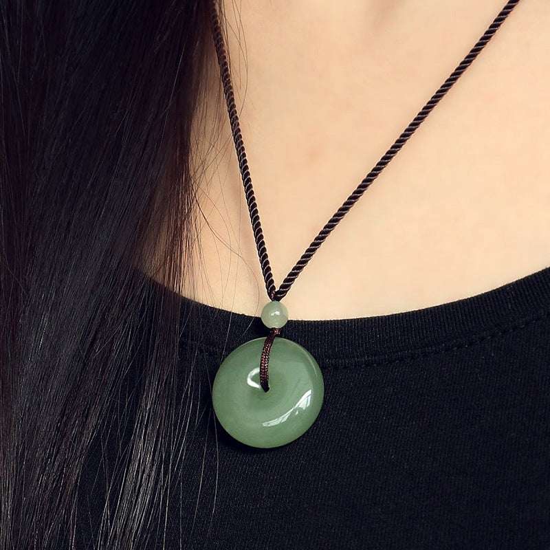 Premium Hetian Jade Donut Necklace Green Jade Pendant