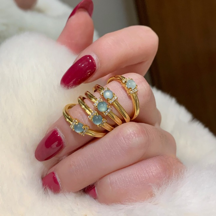 Natural Guatemala Blue Water Jadeite Jade Ring – Gold-Plated 925 Silver, Unique Round Bead