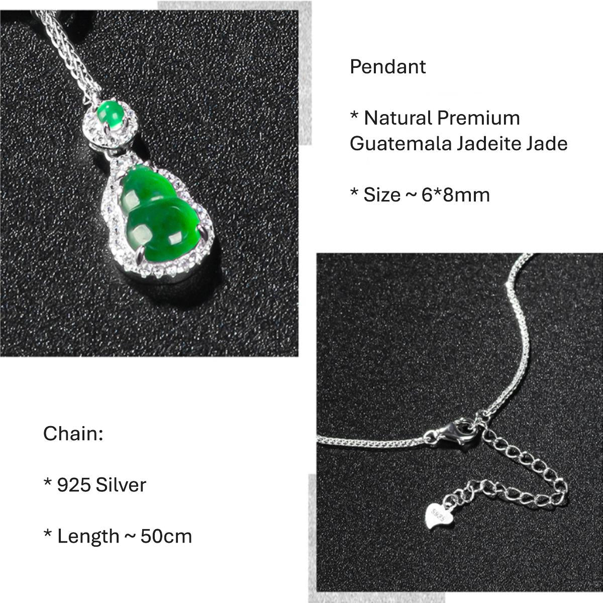 Premium Natural Guatemala Jadeite Jade Calabash Pendant Necklace with 925 Sterling Silver Chain