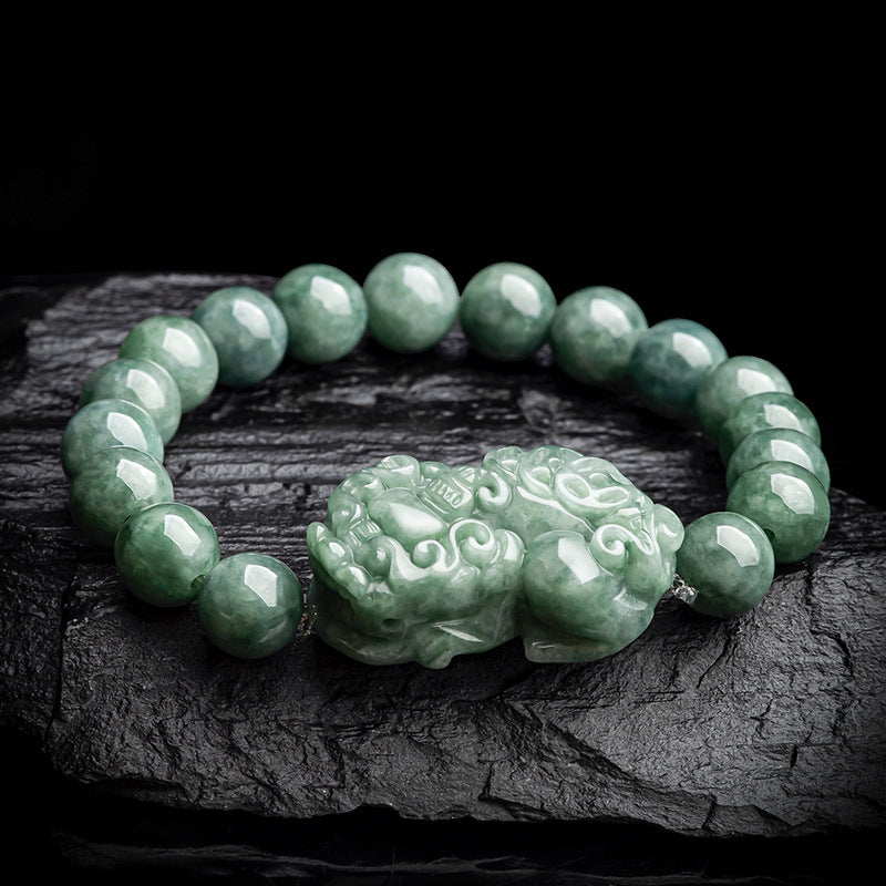 Handmade Green Jade Bracelet with Pixiu Charm Symbol of Abundance