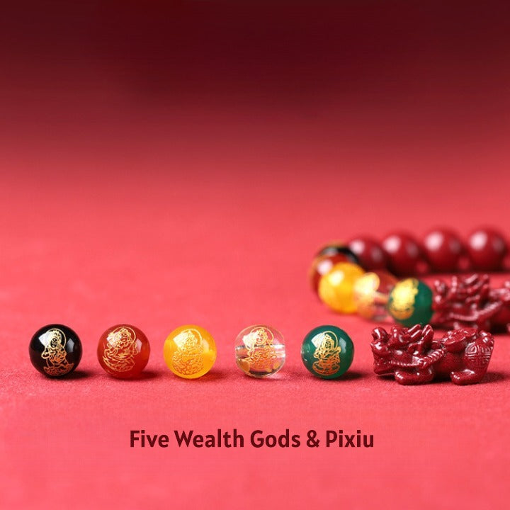Cinnabar Pixiu Feng Shui Bracelet – Five Wealth Gods, 90% High Content Beads, Abundance & Protection