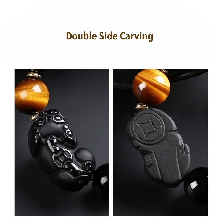 Natural Black Obsidian Pixiu Tiger’s Eye Bracelet – Protection, Wealth & Strength