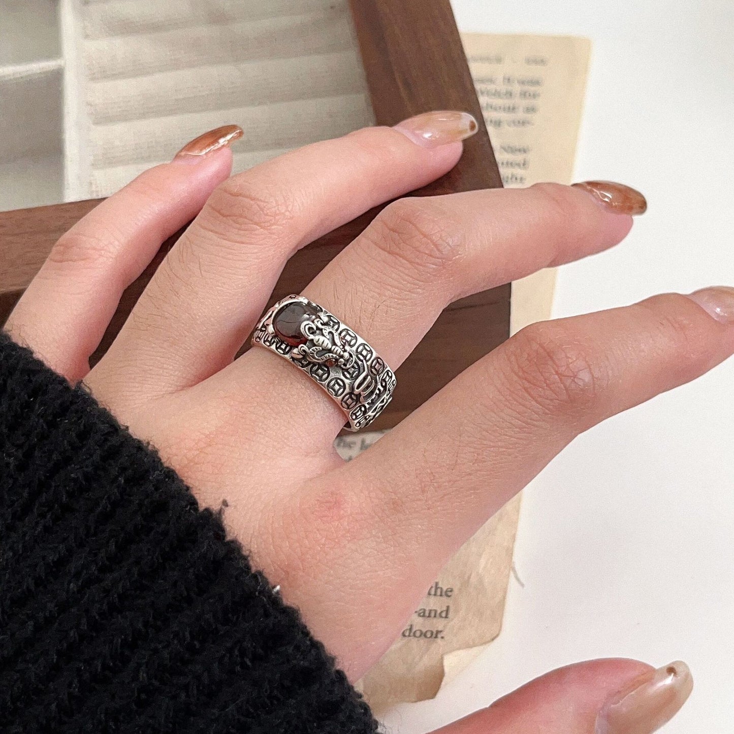 adjustable 925 silver mantra ring with garnet