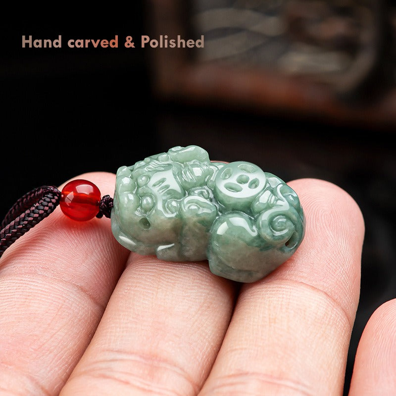 Hand-Carved Green Jade Pixiu Necklace for Wealth and Protection