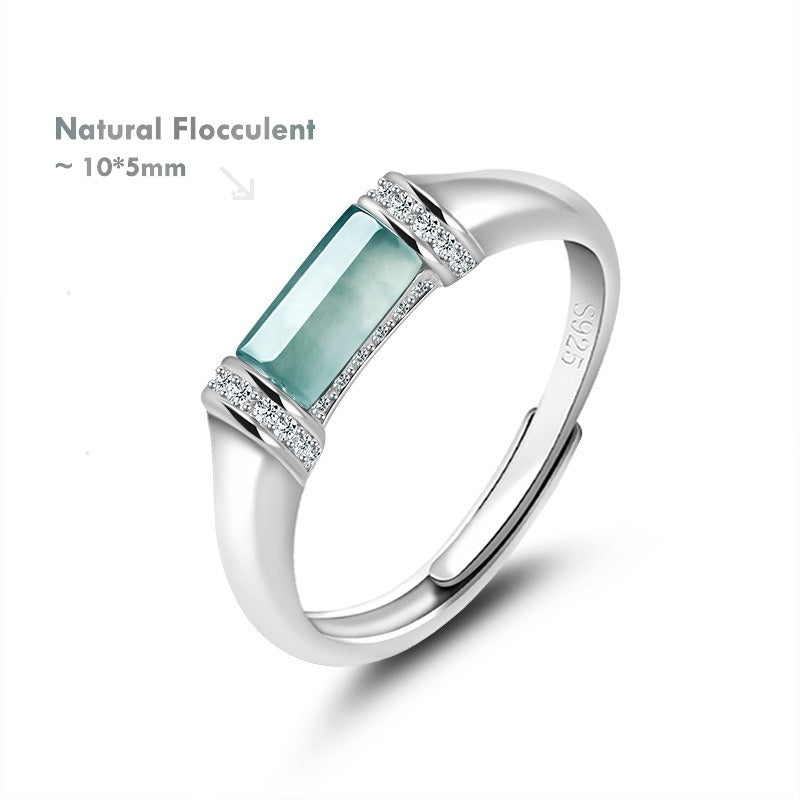 Natural Certified Grade A Blue Water Jadeite Jade Ring – 925 Silver Adjustable