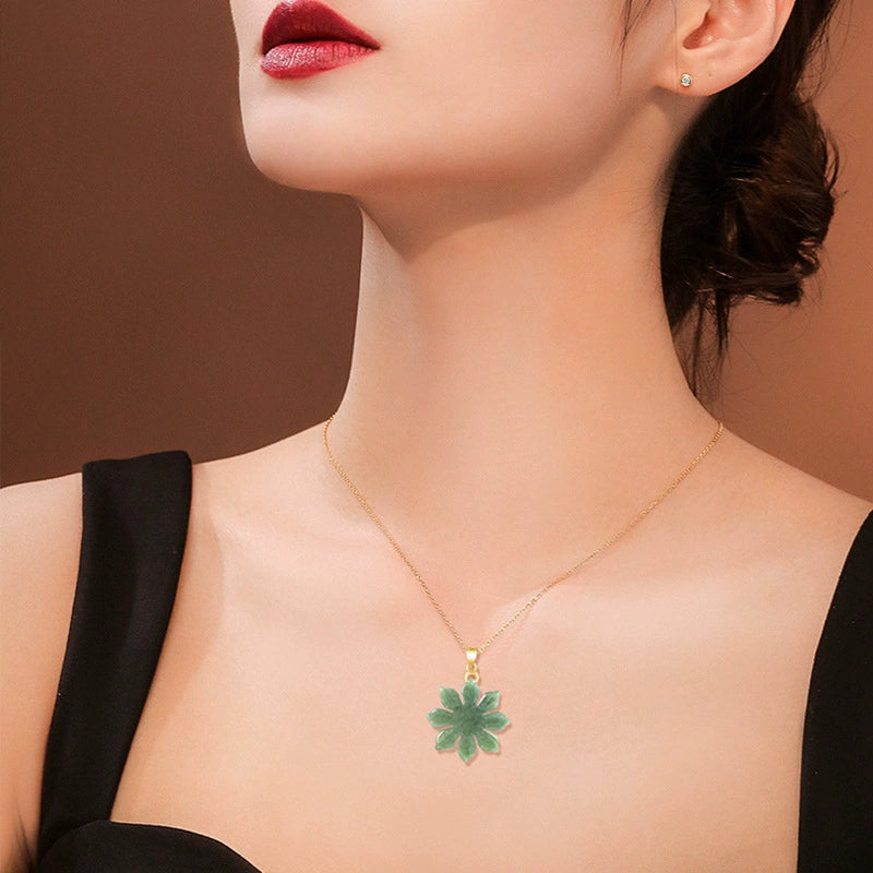 Natural Jade Sunflower Necklace with 925 Silver Chain – Positive Energy Jewelry
