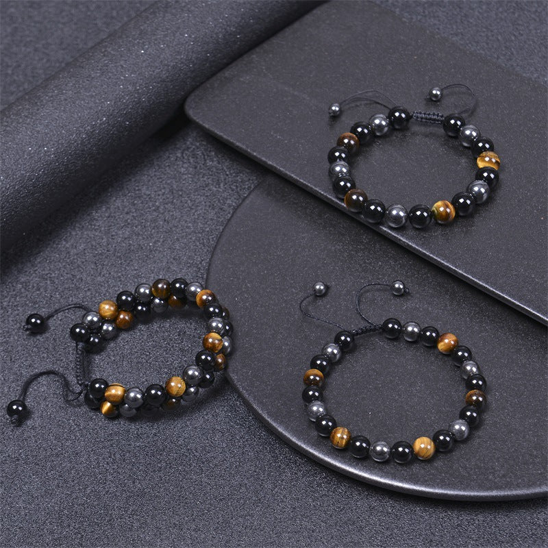 Protection stone bracelet men triple gemstone focus balance