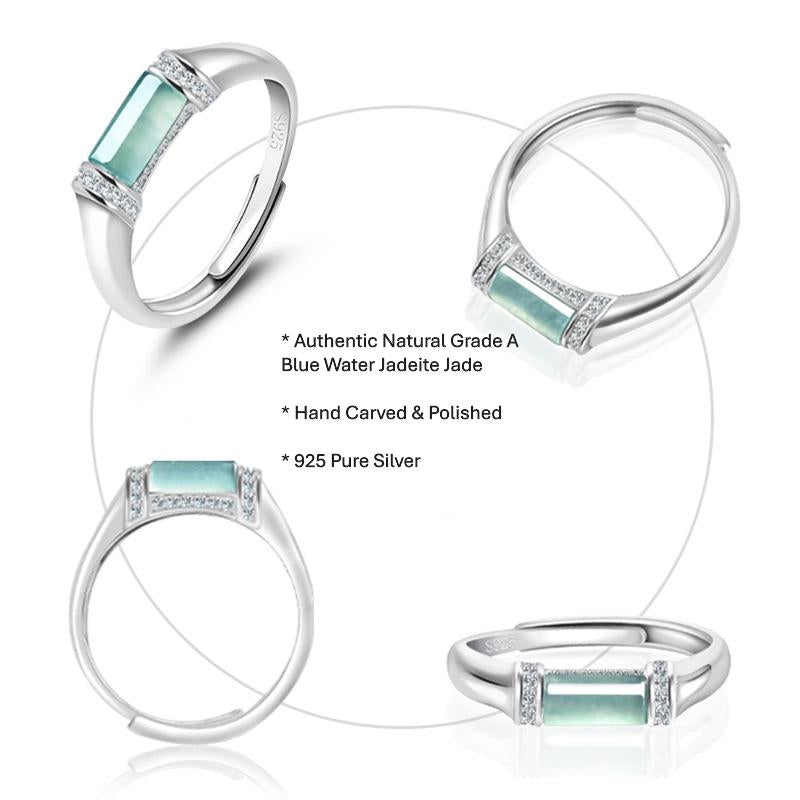 Natural Certified Grade A Blue Water Jadeite Jade Ring – 925 Silver Adjustable