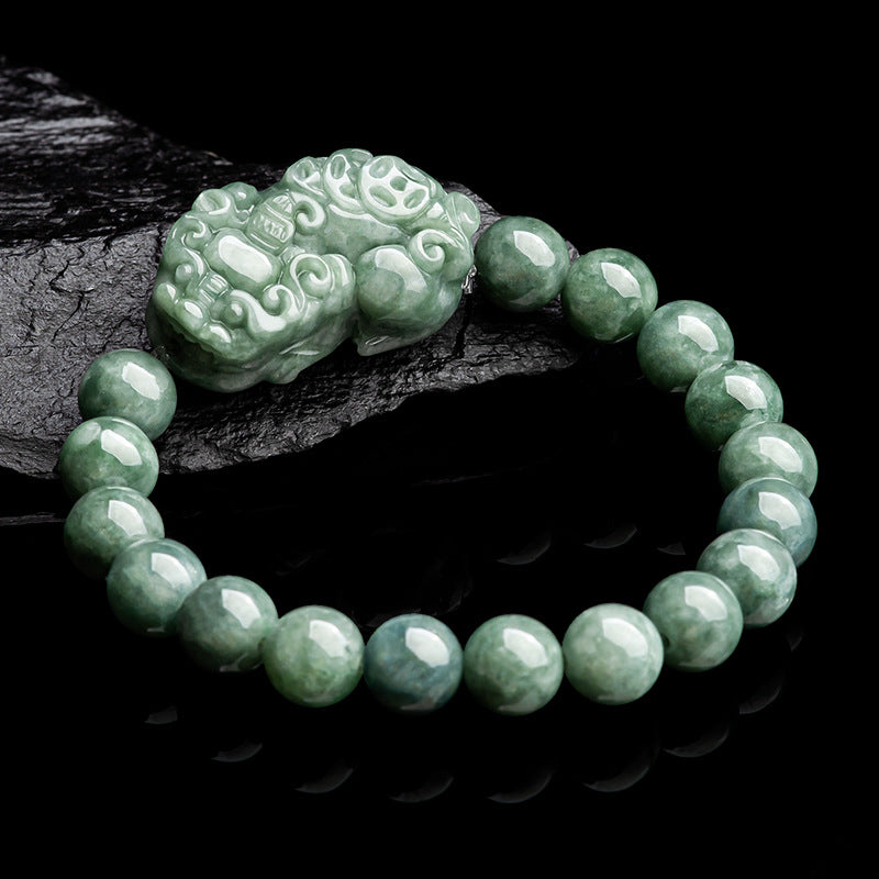 Handmade Green Jade Bracelet with Pixiu Charm Symbol of Abundance