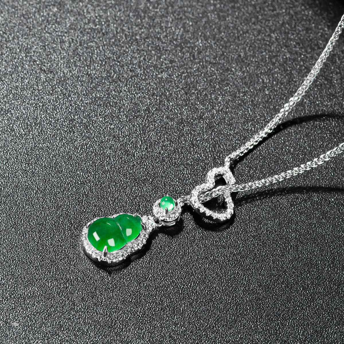 Premium Natural Guatemala Jadeite Jade Calabash Pendant Necklace with 925 Sterling Silver Chain