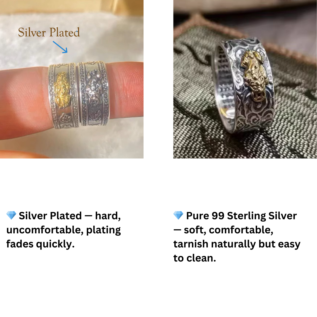 Real 99 Sterling Silver Pixiu Feng Shui Ring – Wealth, Luck & Protection | Heart Sutra Engraved