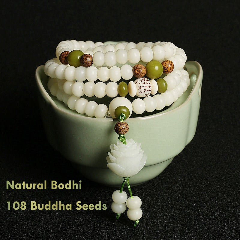 White Bodhi Seed Mala Bracelet with Lotus Pendant