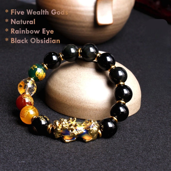 Rainbow Eye Black Obsidian Pixiu Bracelet – Feng Shui Wealth & Protection Jewelry