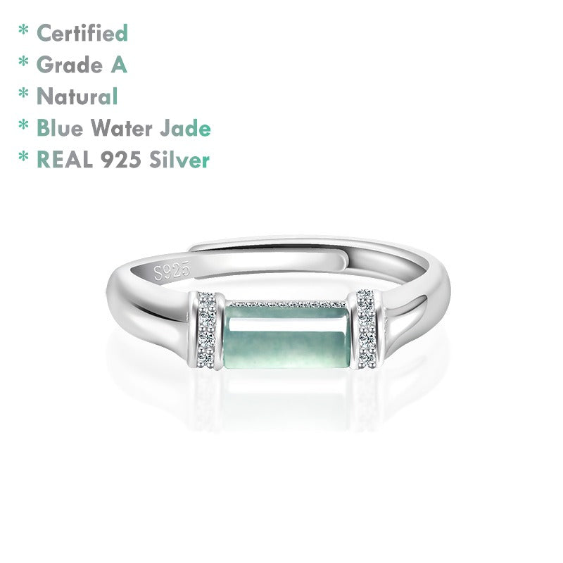 Certified Grade A Blue Water Jadeite Jade Ring – Rectangular jade centerpiece on 925 silver adjustable band