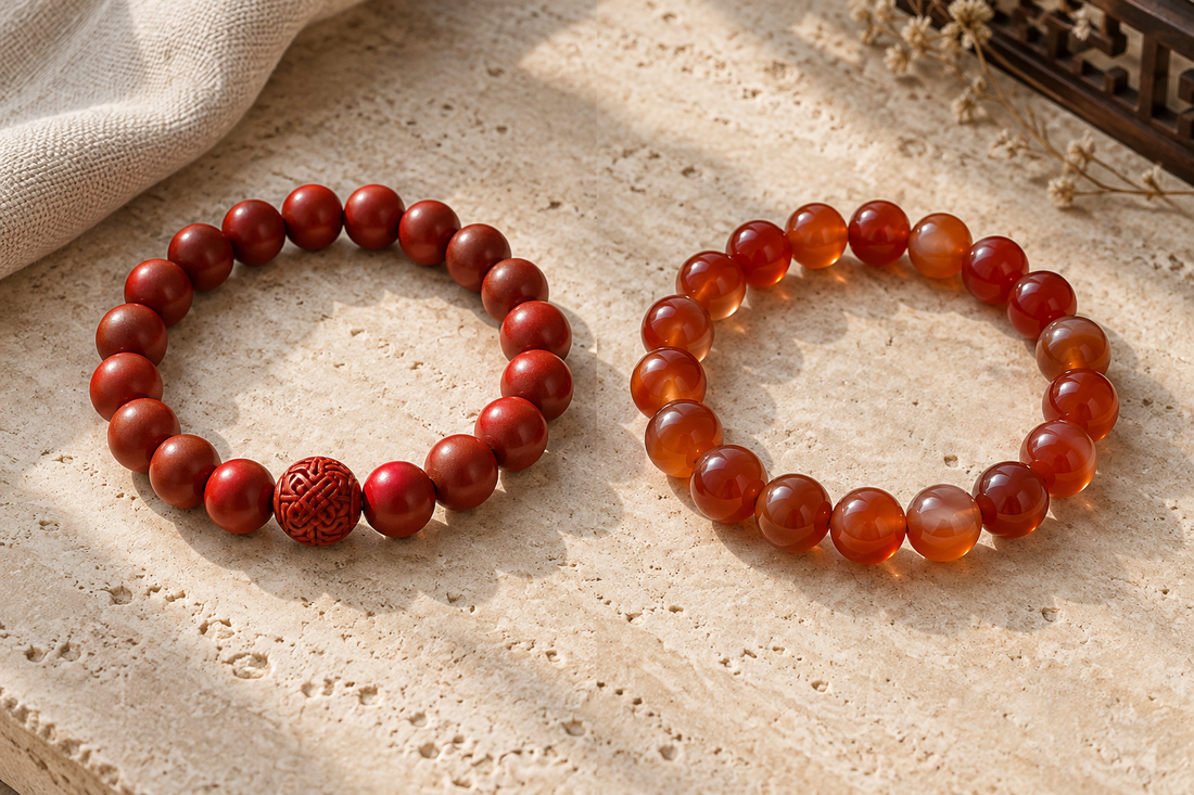 Cinnabar-style red bead bracelet beside a polished red agate bracelet on a beige stone surface