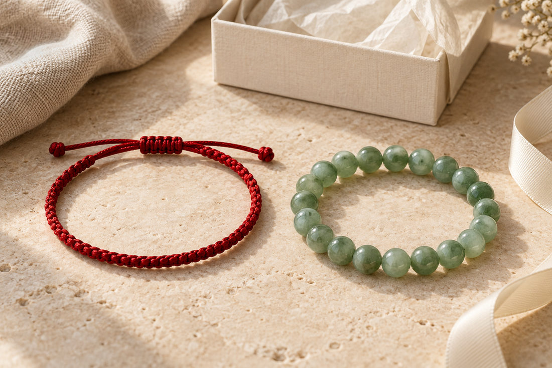 Red string bracelet and green gemstone bead bracelet beside a cream gift box on a beige stone surface.