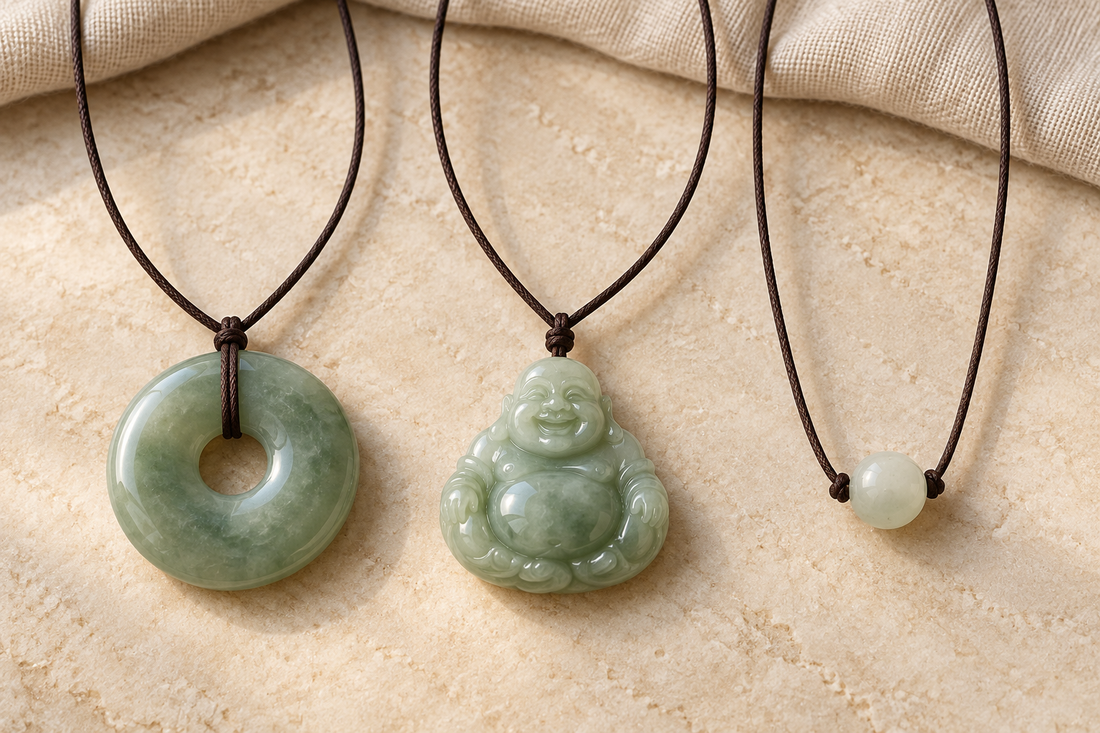 Jade donut pendant, Laughing Buddha carving, and simple jade bead necklace displayed on a beige stone surface.