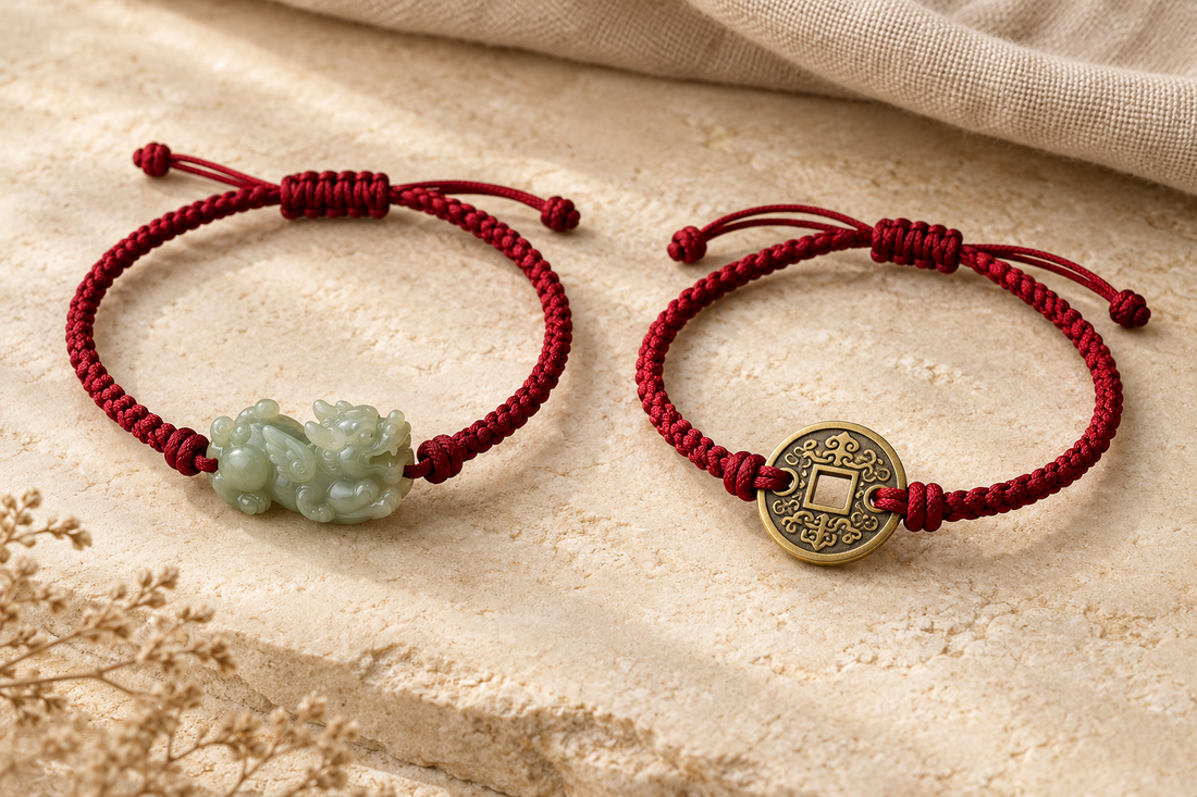 Red string bracelets featuring a green Pixiu charm and a Chinese coin charm displayed side by side on a beige stone surface.