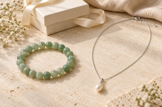 Green jade bead bracelet and silver-colored pearl pendant necklace beside a cream gift box on a beige stone surface.
