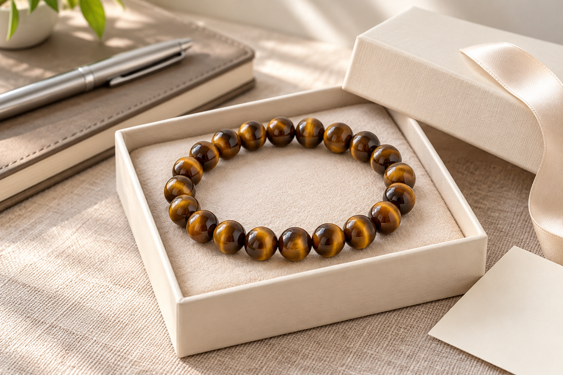 Tiger’s eye bead bracelet in a cream gift box beside a notebook and silver pen, styled as a new job gift.