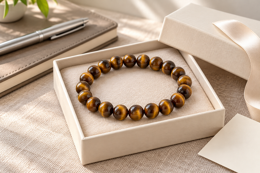 Tiger’s eye bead bracelet in a cream gift box beside a notebook and silver pen, styled as a new job gift.
