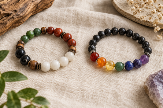 Five Elements bracelet and chakra bracelet displayed side by side on beige linen