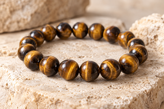 Tiger’s eye and hematite bracelet worn on a wrist beside a cream linen sleeve
