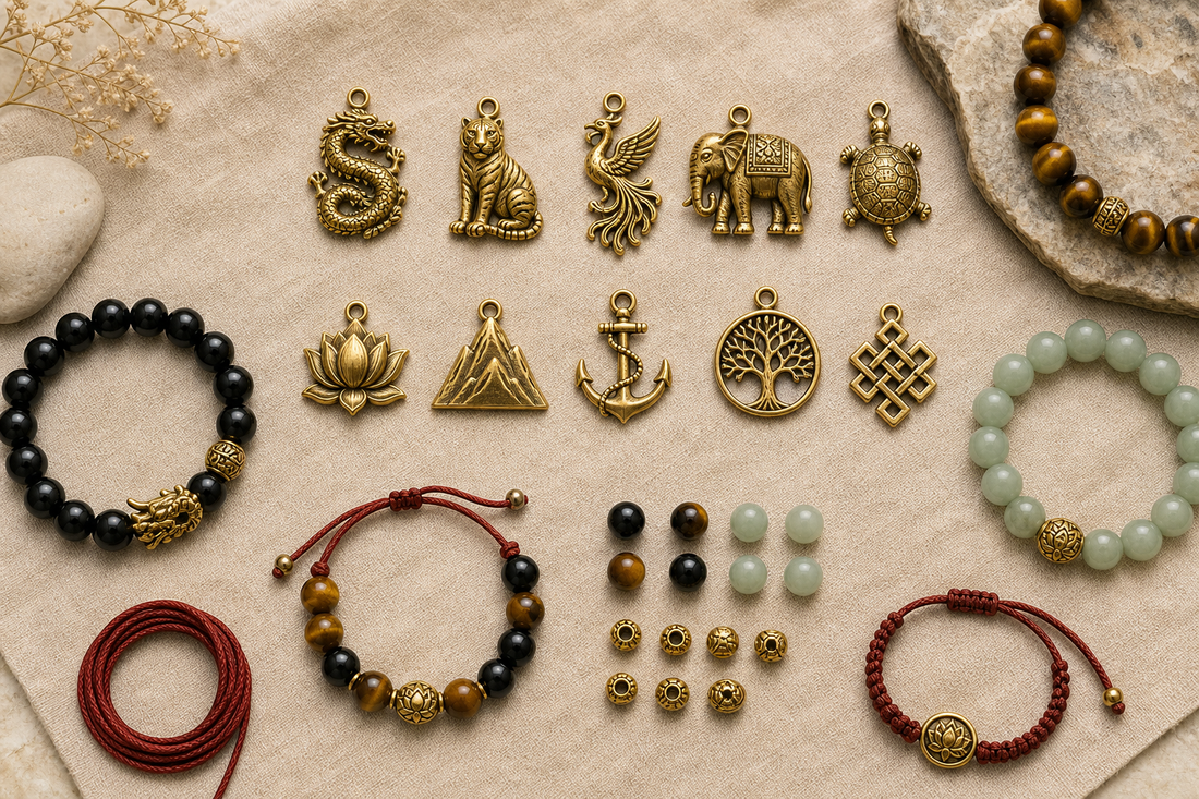 Strength symbol charms with dragon, tiger, phoenix, elephant, lotus and endless knot bracelets