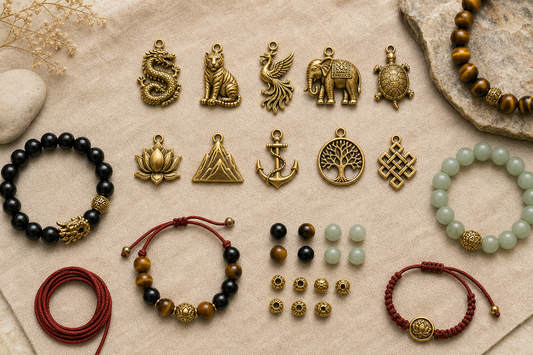 Strength symbol charms with dragon, tiger, phoenix, elephant, lotus and endless knot bracelets
