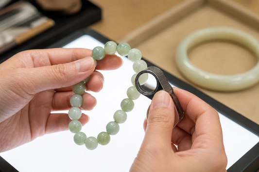 Jade bracelet examined under light with a jeweler's loupe