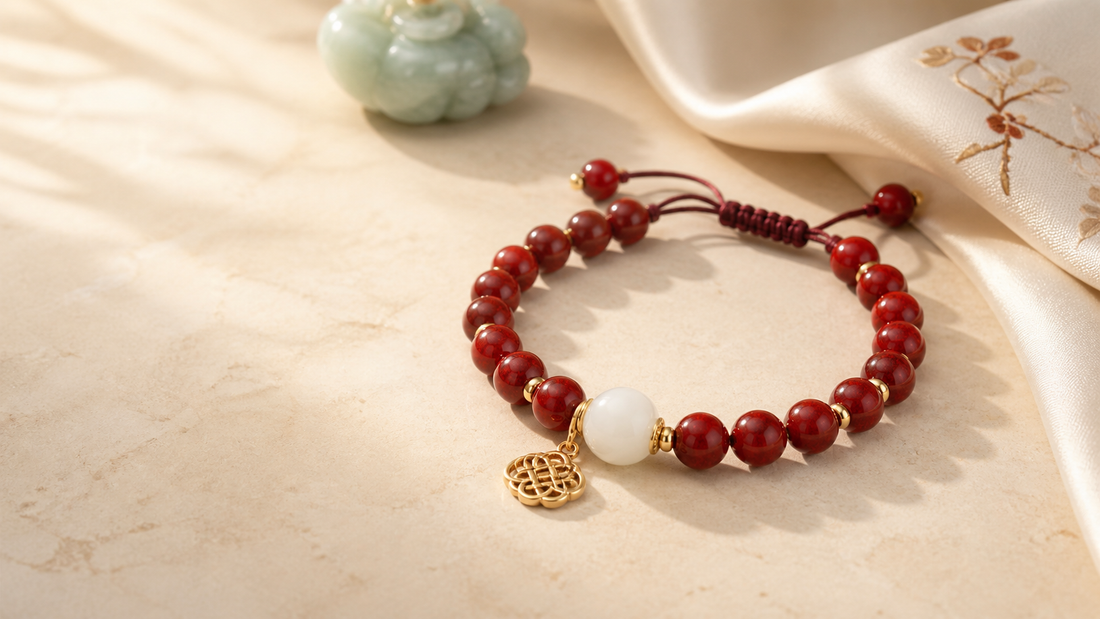 Red cinnabar-style bead bracelet with white jade and lucky knot charm