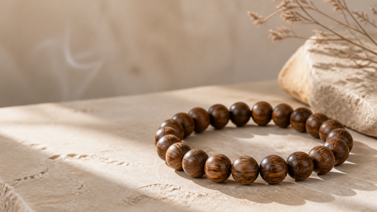 Natural oud agarwood bead bracelet on a warm stone surface