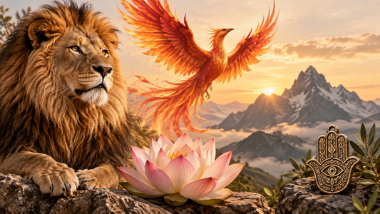 Symbols of strength featuring a lion, phoenix, lotus flower and Hamsa hand representing courage and resilience