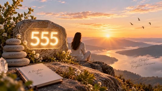 555 angel number meaning with sunrise landscape representing change, new beginnings and personal growth