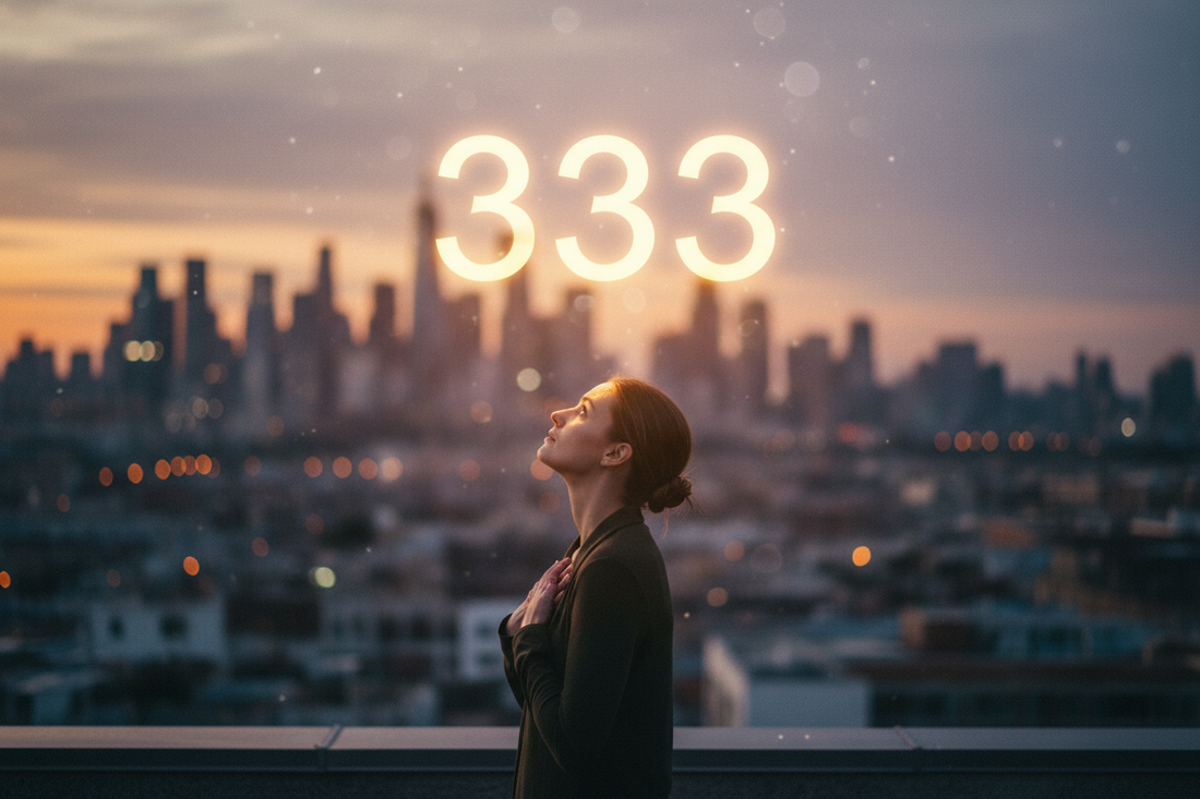 Angel number 333 glowing in a spiritual awakening scene representing meaning, love, career guidance and manifestation energy