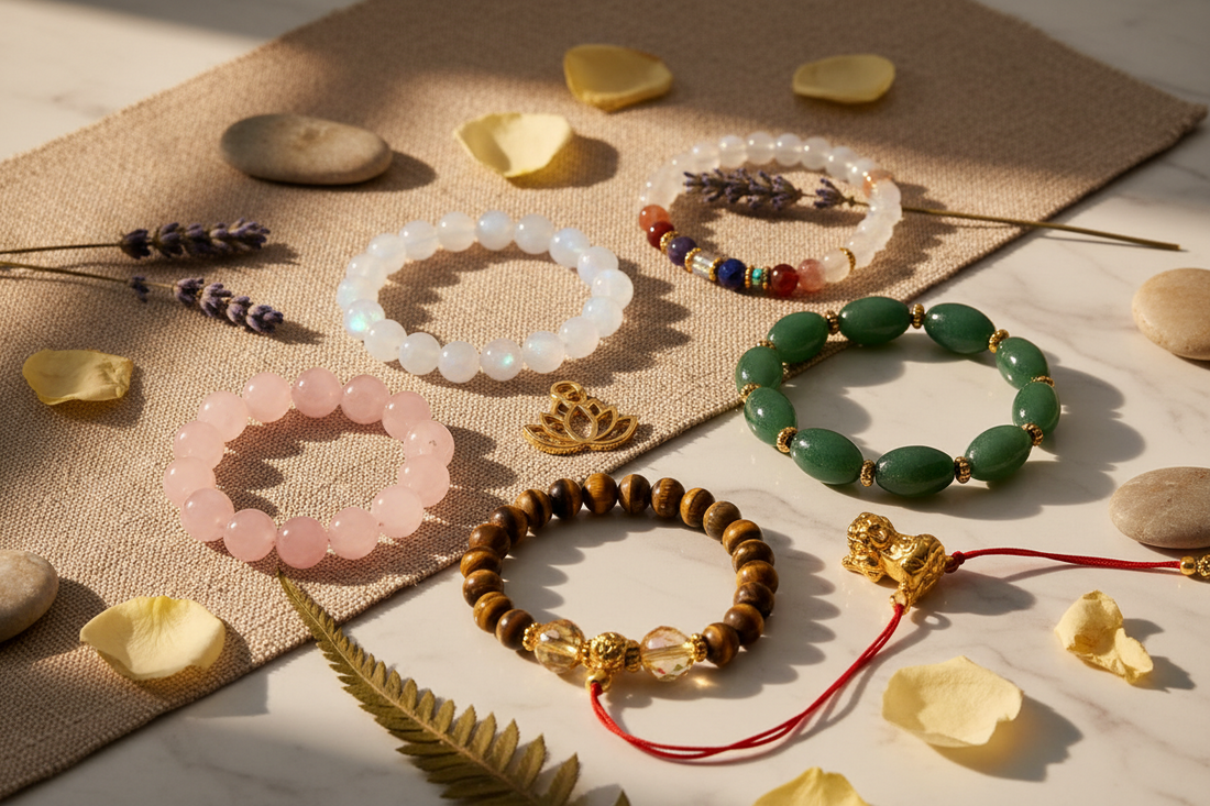 spiritual jewelry symbols for love healing and abundance including rose quartz chakra jade pixiu and tiger eye bracelets