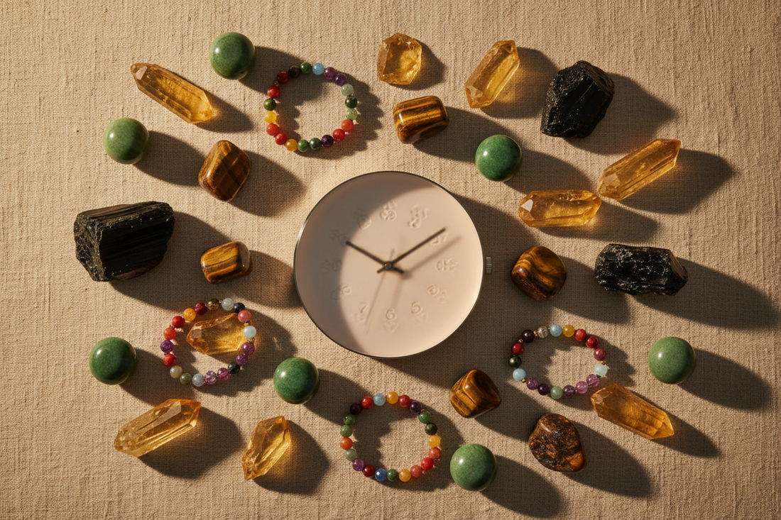 manifestation inspired spiritual bracelet flat lay with citrine tiger eye jade black obsidian and chakra bracelets symbolizing luck abundance and success