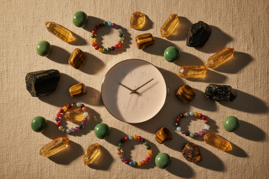 manifestation inspired spiritual bracelet flat lay with citrine tiger eye jade black obsidian and chakra bracelets symbolizing luck abundance and success