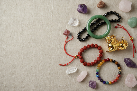 12 powerful symbols in Feng Shui jewelry including Pixiu, jade, black obsidian, red string, tiger eye, cinnabar and chakra stones