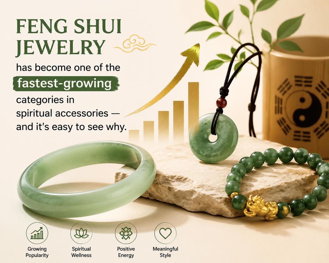 Natural Feng Shui jade jewelry including a jade bangle, jade pendant necklace, and Pixiu bracelet