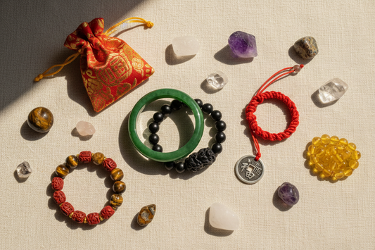 12 powerful Feng Shui wealth symbols including Pixiu, jade, cinnabar, tiger eye, citrine, and red string bracelet