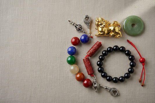 12 powerful symbols in Feng Shui jewelry including Pixiu, jade, red string, black obsidian, and chakra stones