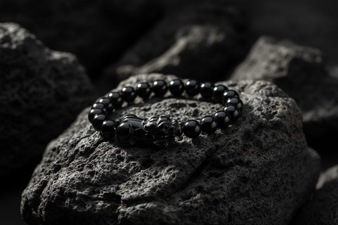 Genuine black obsidian Pixiu bracelet on natural volcanic stone