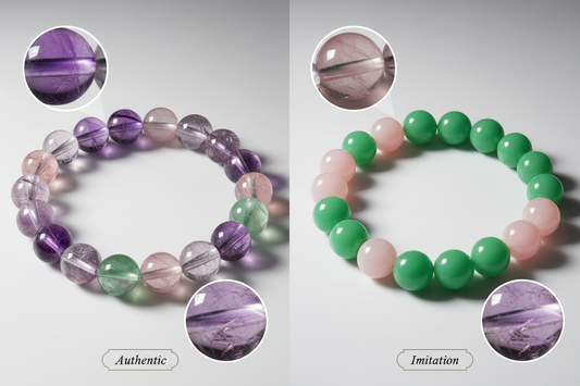 real vs fake feng shui bracelet comparison with authentic natural crystal beads