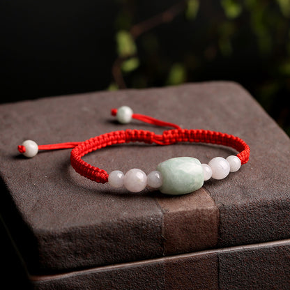 Handmade Natural Green Jade Red String Bracelet - Abundance & Good Luck