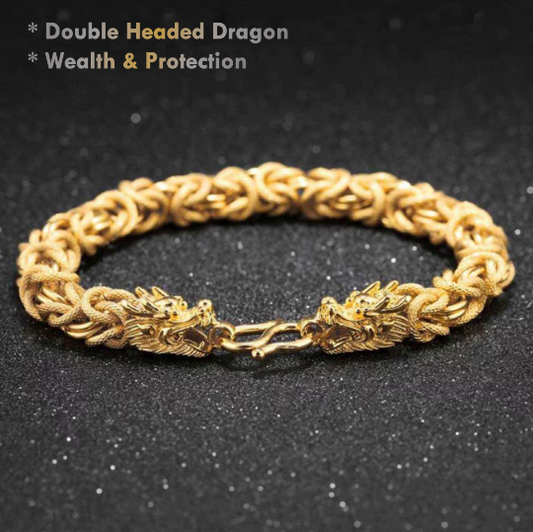 Double Headed Golden Dragon Bracelet Feng Shui Wealth Protection Jewelry