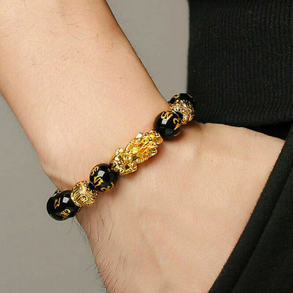 NCVM EXTRA THICK Gold Plating Pixiu Black Obsidian Bracelet -Wealth & Protection