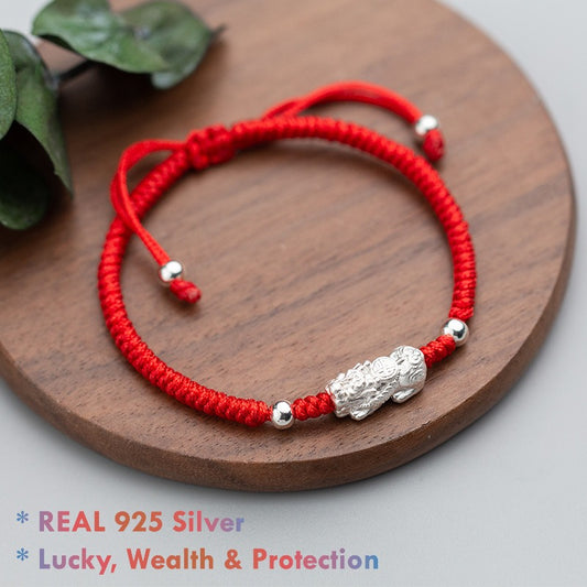 Handmade Red String Pixiu Bracelet with 925 Silver Charm for Wealth & Protection