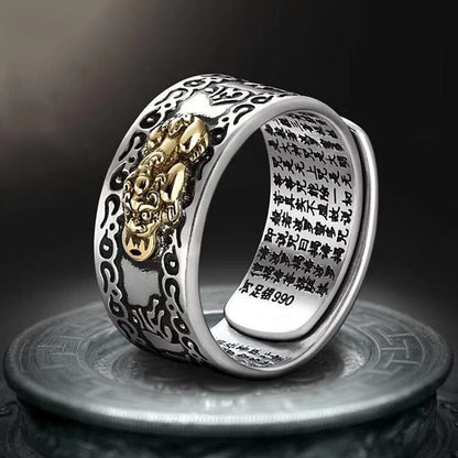 Pixiu Feng Shui Mani Mantra 99 Silver Ring - Wealth & Protection